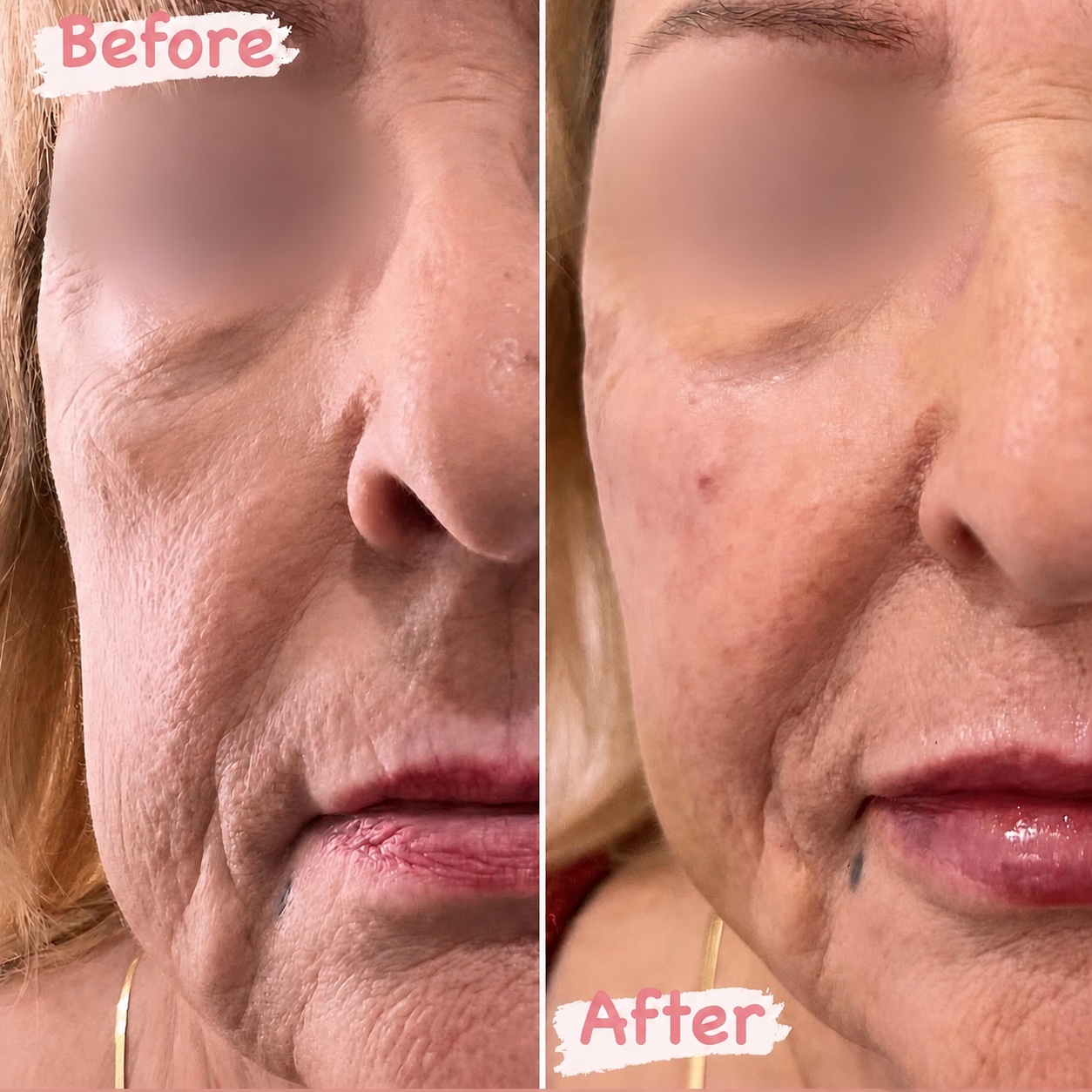 Facial treatment before and after result with the client's eyes and eyelashes fully blurred for privacy