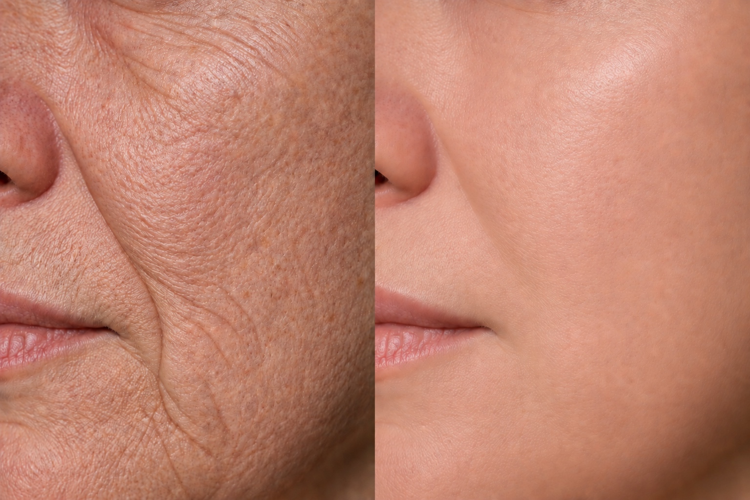 AI-generated close-up before and after illustration for a customized facial; fictional 5–6-treatment concept, not a client result or prediction