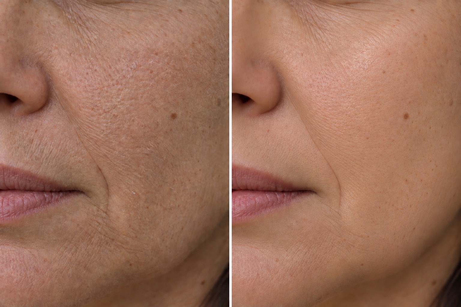 AI-generated close-up before and after illustration for a customized facial; fictional 5–6-treatment concept, not a client result or prediction