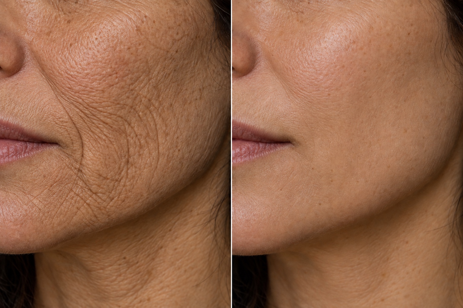 AI-generated close-up before and after illustration for Derma Tight; fictional 5–6-treatment concept, not a client result or prediction