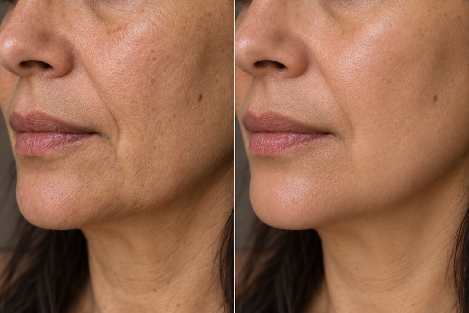 AI-generated close-up before and after illustration for Derma Tight; fictional 5–6-treatment concept, not a client result or prediction