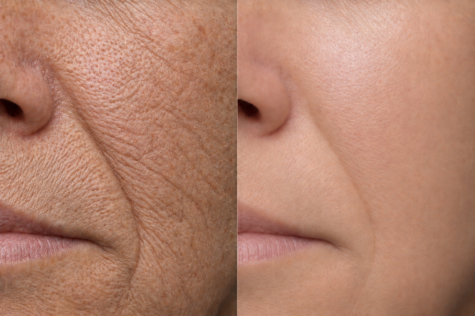AI-generated close-up before and after illustration for hydration and deep cleaning; fictional 5–6-treatment concept, not a client result or prediction