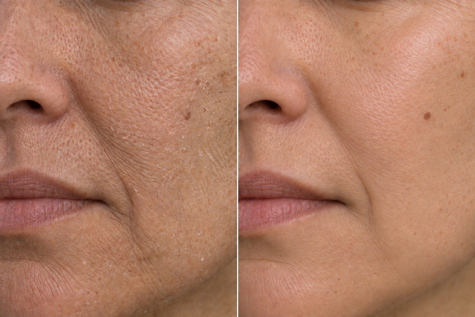 AI-generated close-up before and after illustration for hydration and deep cleaning; fictional 5–6-treatment concept, not a client result or prediction