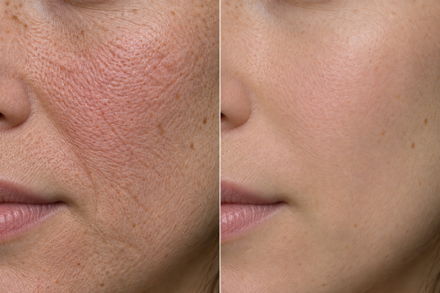 AI-generated close-up before and after illustration for an LED light facial; fictional 5–6-treatment concept, not a client result or prediction