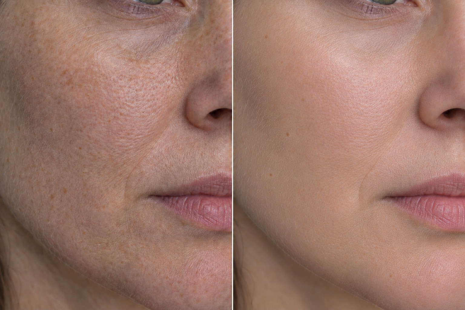 AI-generated close-up before and after illustration for an LED light facial; fictional 5–6-treatment concept, not a client result or prediction
