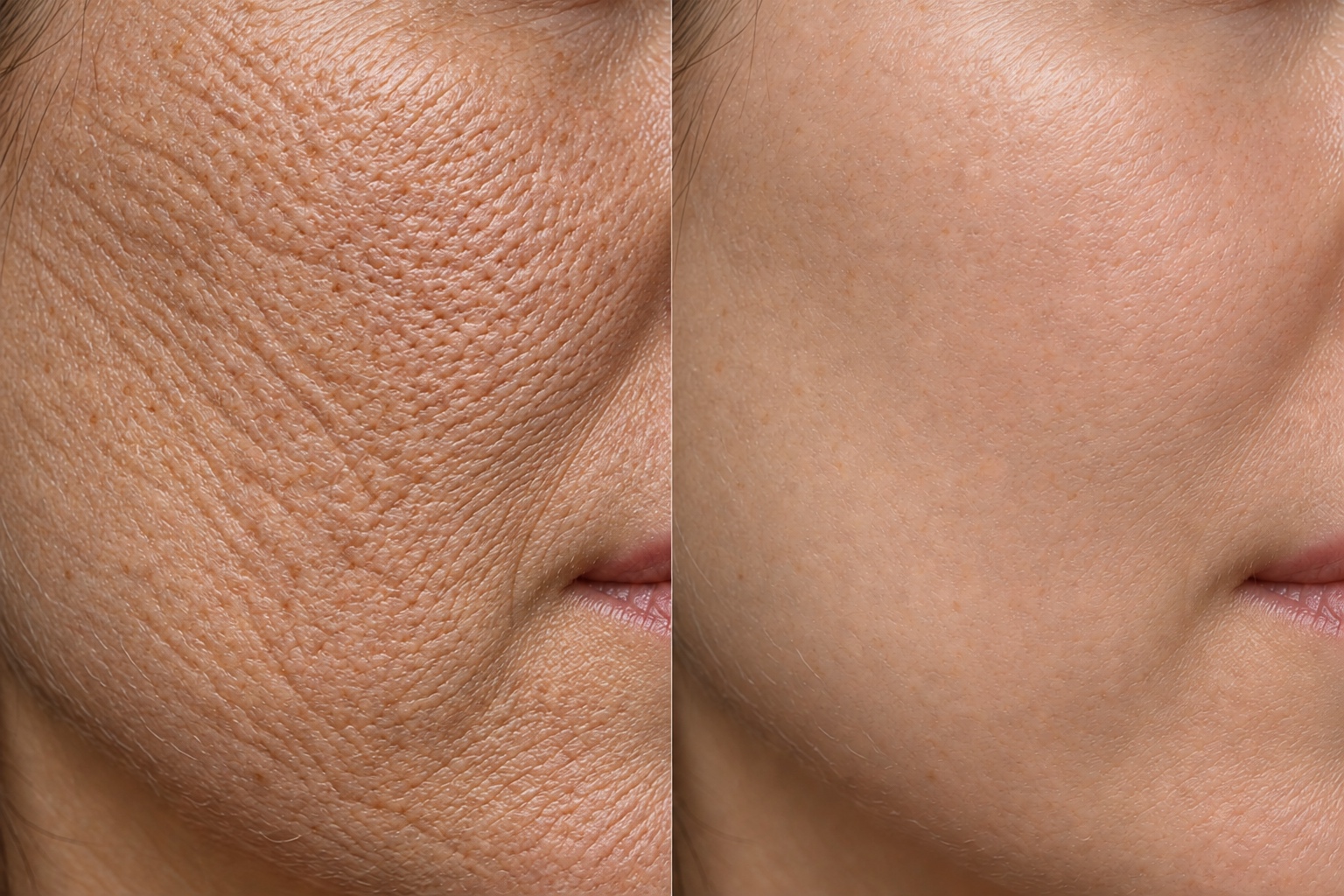 AI-generated close-up before and after illustration for microdermabrasion; fictional 5–6-treatment concept, not a client result or prediction