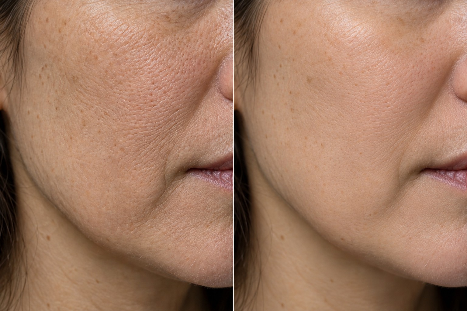 AI-generated close-up before and after illustration for microdermabrasion; fictional 5–6-treatment concept, not a client result or prediction