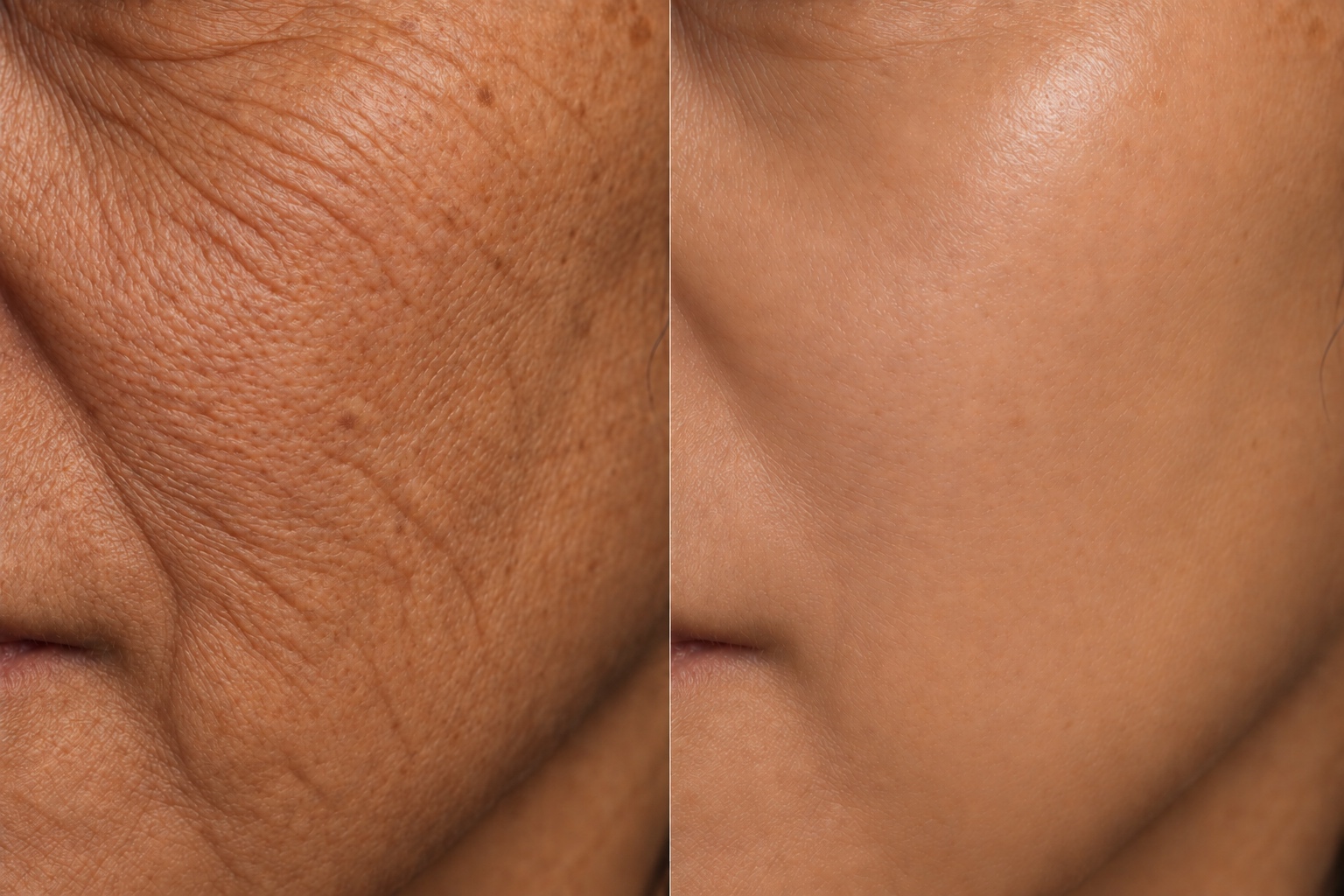 AI-generated close-up before and after illustration for Nano Needling with Salmon DNA; fictional 5–6-treatment concept, not a client result or prediction
