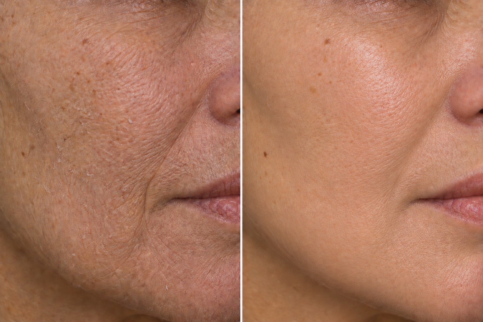 AI-generated close-up before and after illustration for Nano Needling with Salmon DNA; fictional 5–6-treatment concept, not a client result or prediction