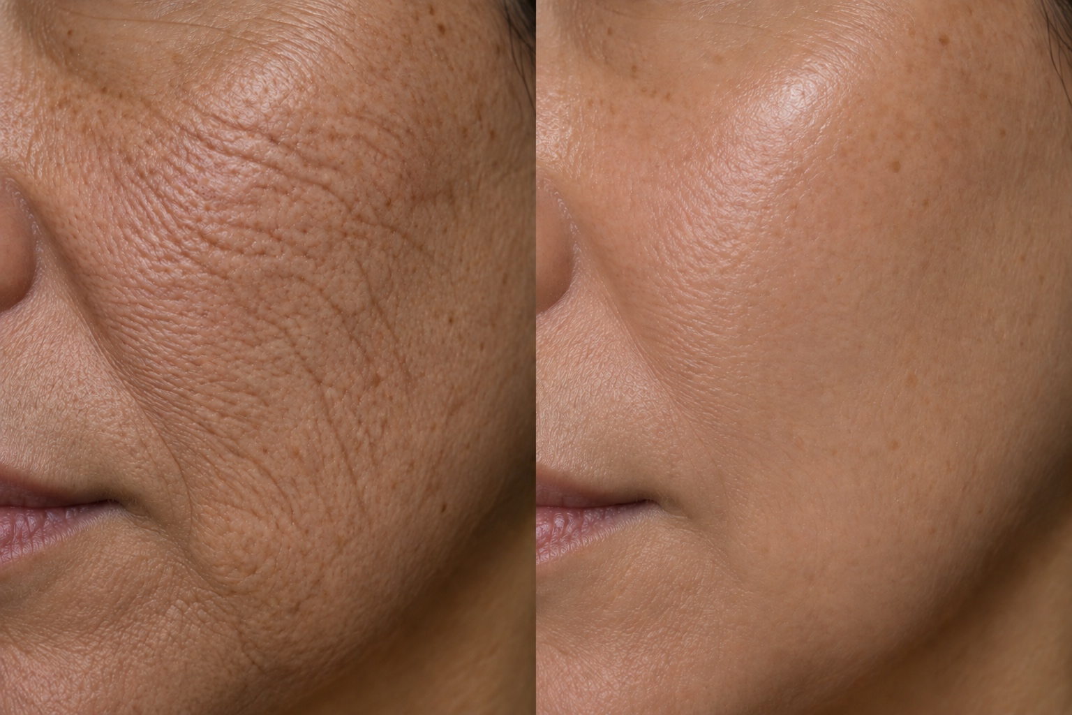 AI-generated close-up before and after illustration for the Radiant Refresh facial; fictional 5–6-treatment concept, not a client result or prediction