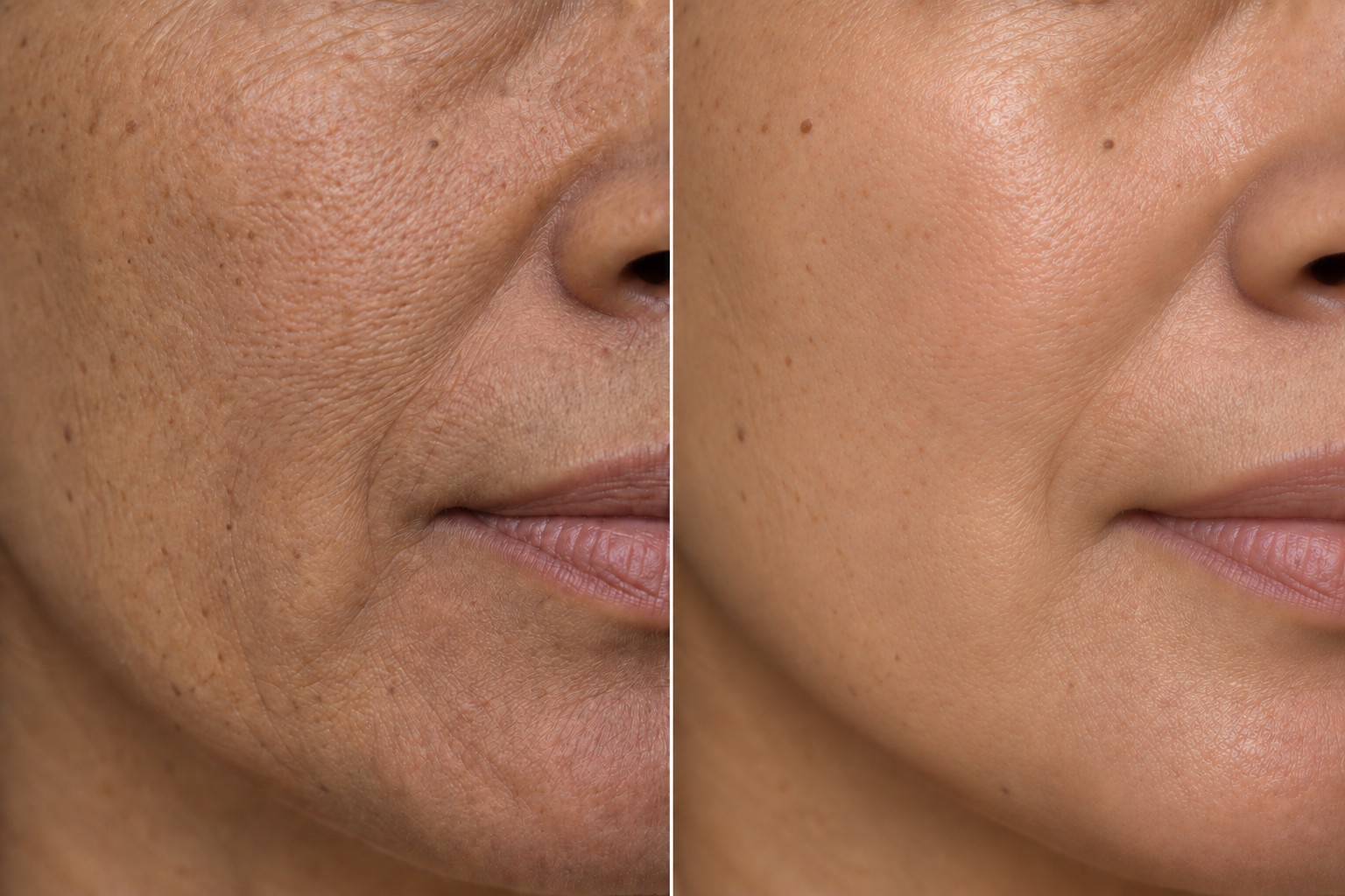 AI-generated close-up before and after illustration for the Radiant Refresh facial; fictional 5–6-treatment concept, not a client result or prediction