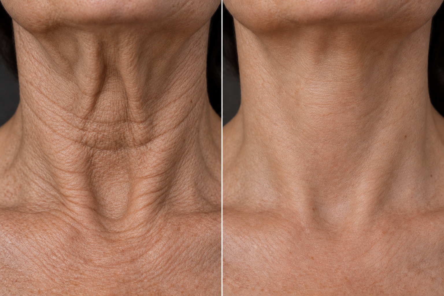 AI-generated close-up before and after illustration for the Turkey Neck Treatment; fictional 5–6-treatment concept, not a client result or prediction