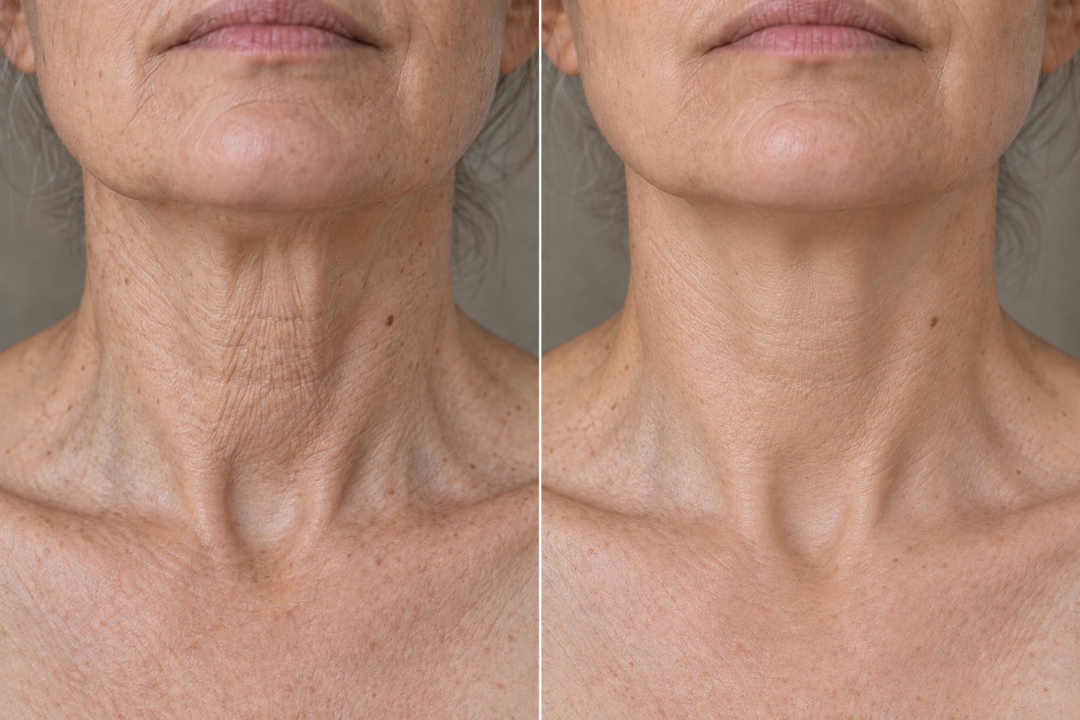 AI-generated close-up before and after illustration for the Turkey Neck Treatment; fictional 5–6-treatment concept, not a client result or prediction