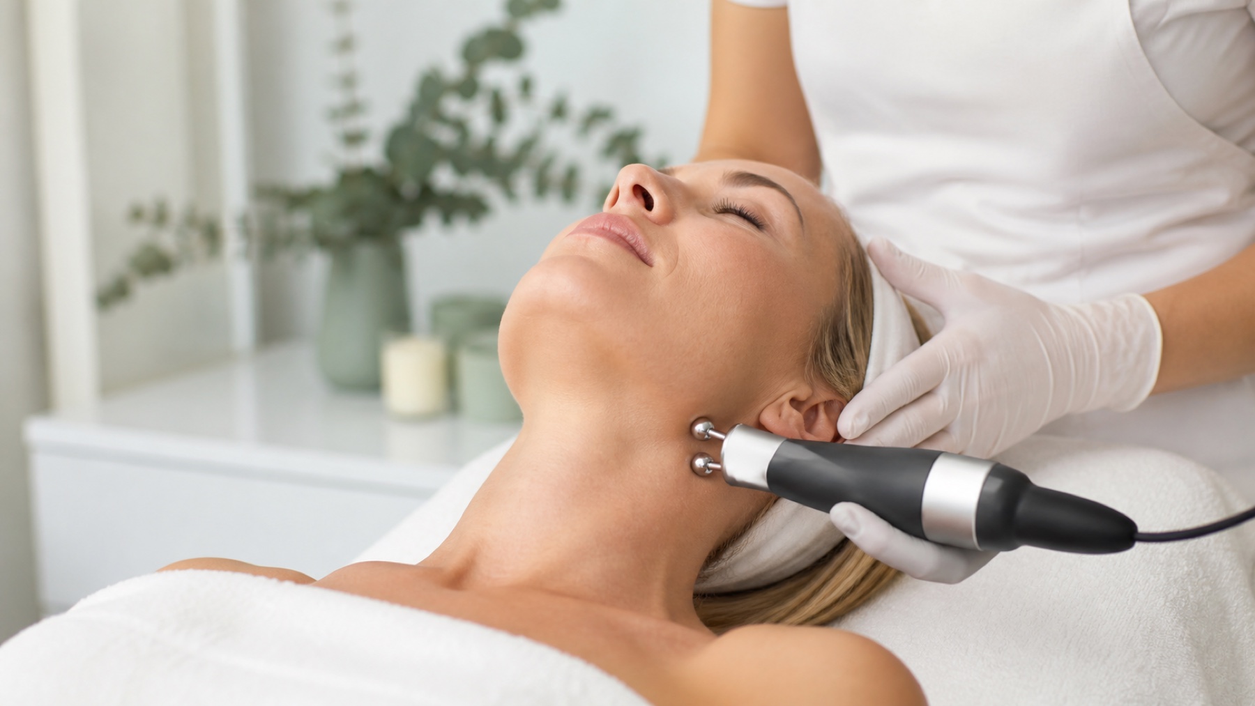 Non-invasive turkey neck firming treatment performed by an esthetician